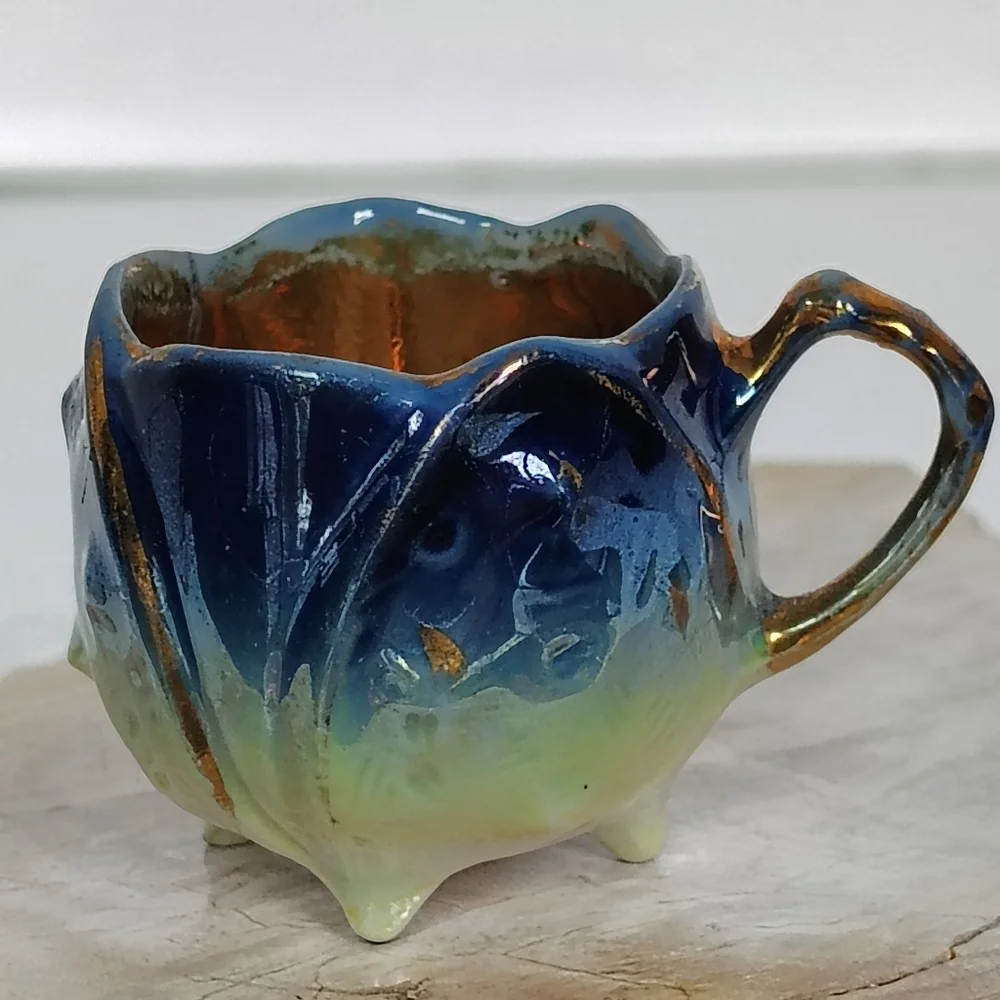 Miniature Ruffle Edge Tea Cup Saucer Blue Seaweed Yellow Gold Gilded Blowfish